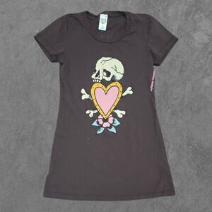 Vintage Ed Hardy Christian Audigier Shirt Womens Xs Brown Skull Heart Y2k St
